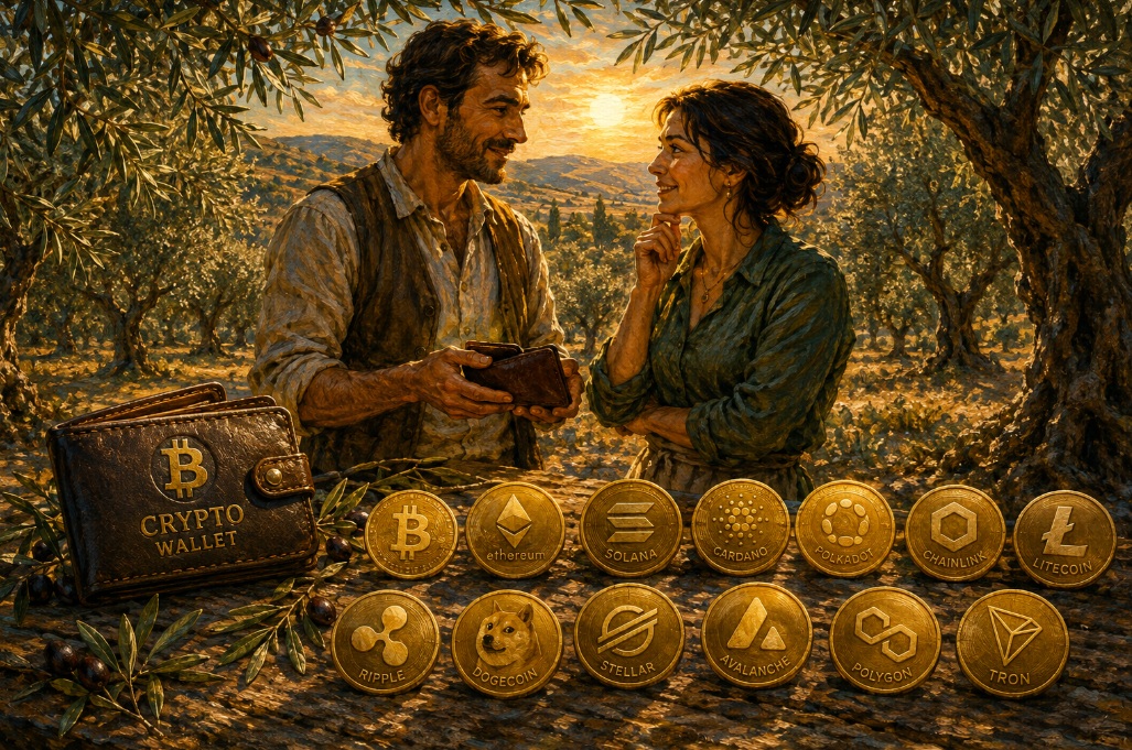 Two people in an olive grove, a crypto wallet and 13 coins